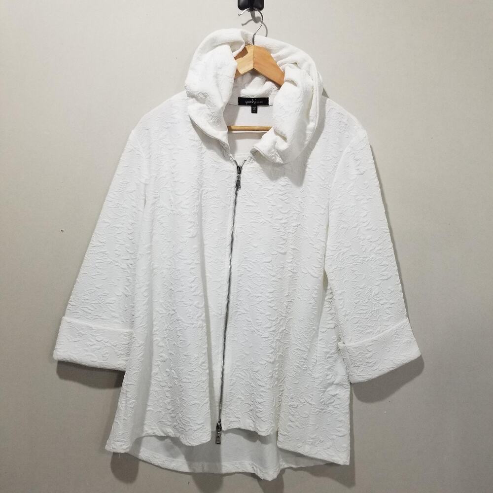 Yushi Jacket Womens Large White Textured Zip Front Made in USA Wire Collar